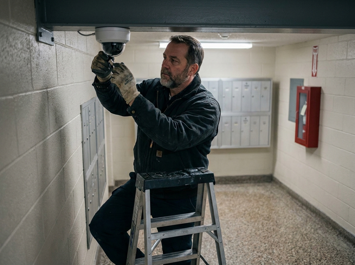 Technicien installant une caméra de surveillance dans le couloir d'un immeuble en copropriété