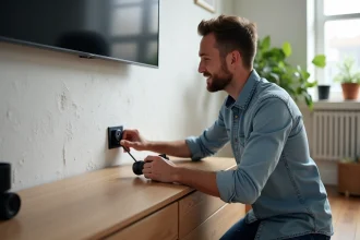Jeune homme installant une prise TV moderne dans un salon