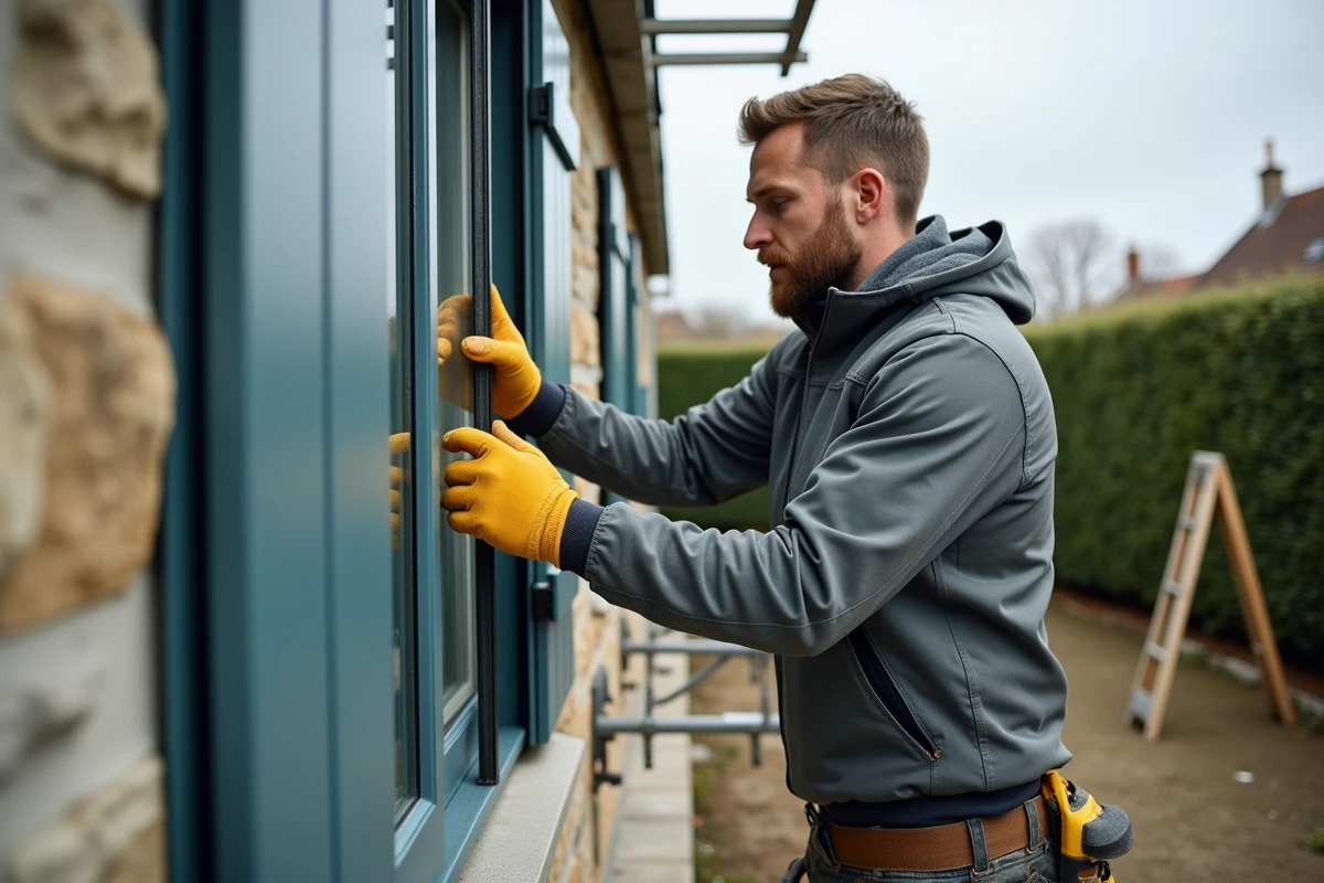 Artisan posant un panneau vitré lors de l'installation d'une véranda clé en main sur une maison en pierre