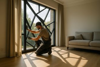 Photo hyperrealiste d'un artisan installant une grande vitre géométrique dans un salon moderne