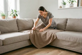 Femme installant un protège canapé d'angle en tissu taupe sur un canapé L dans un salon scandinave