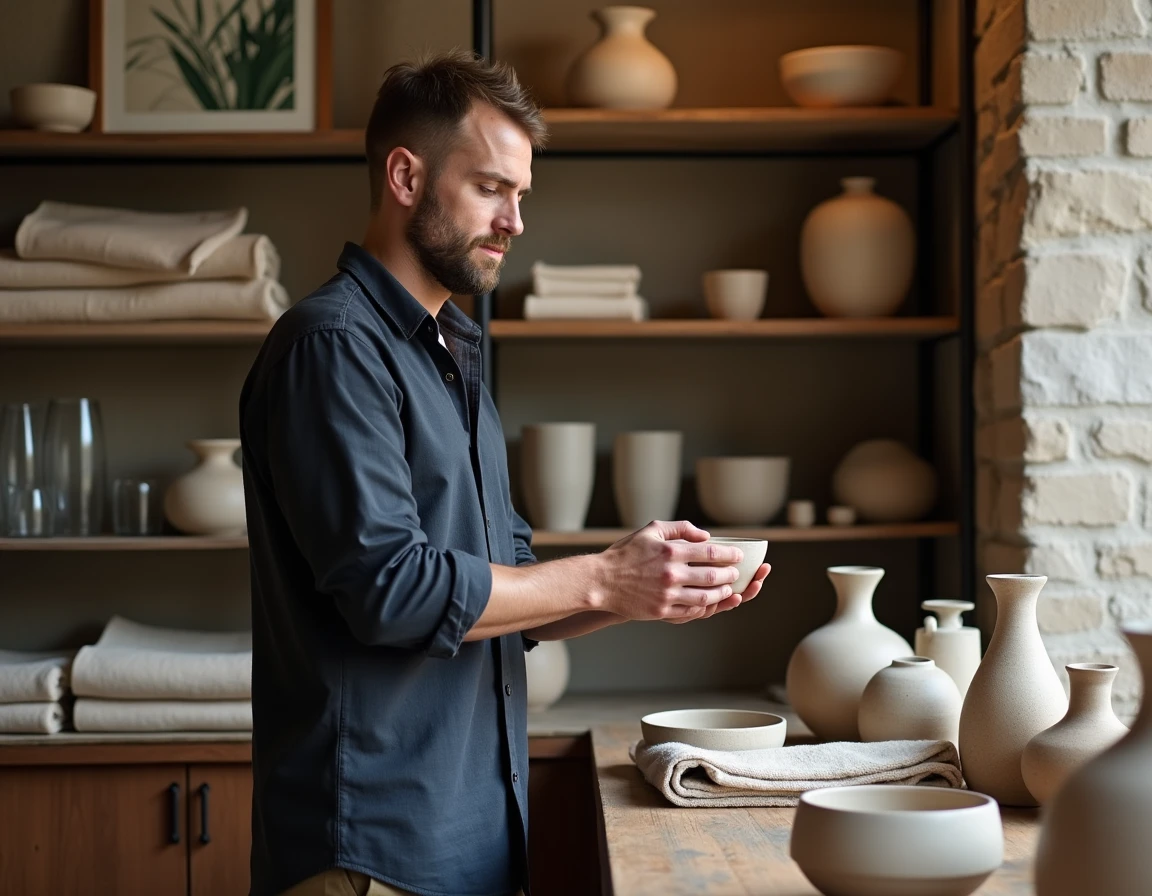 Intérieur d'une boutique concept store avec murs en pierre, objets artisanaux et un homme inspectant une céramique