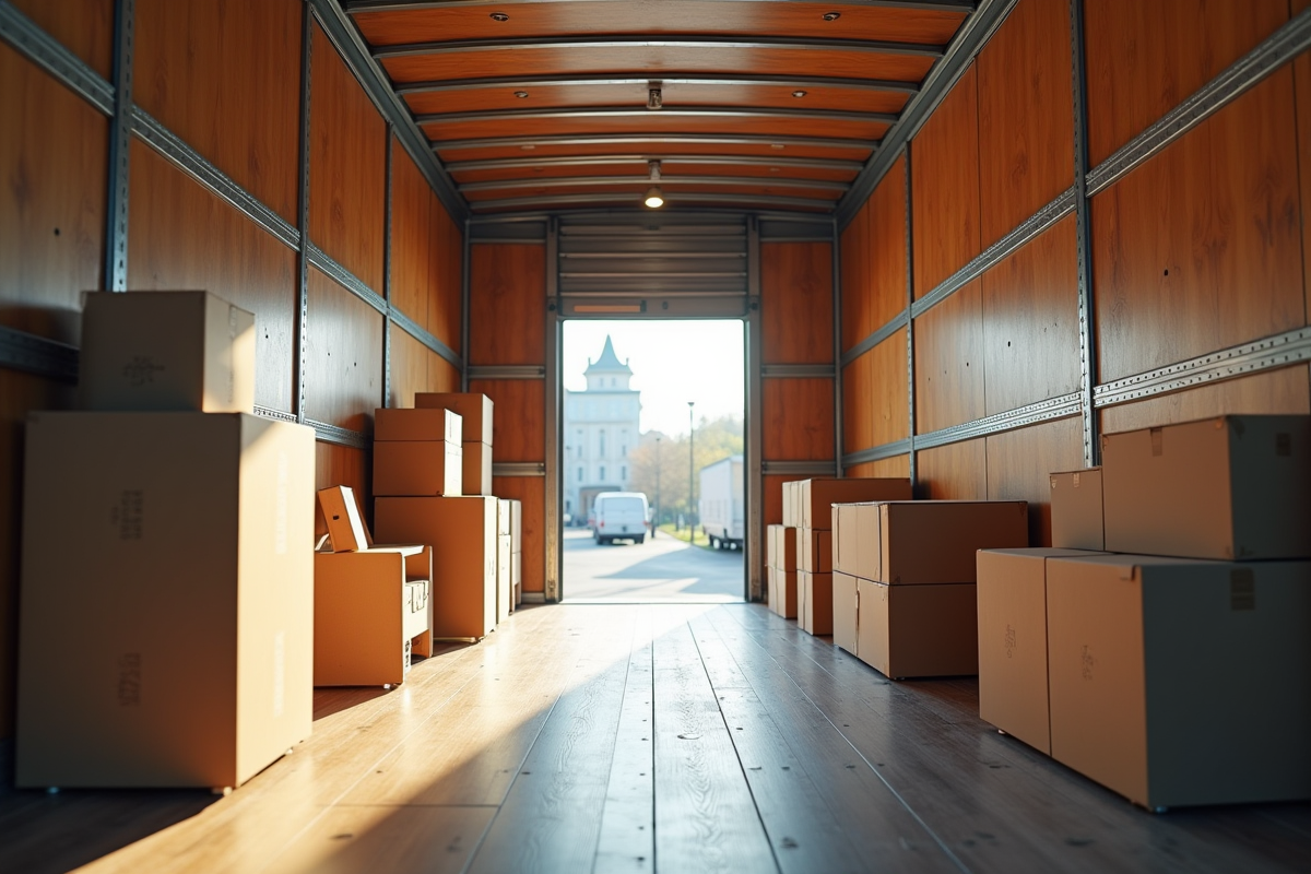 Intérieur propre d un camion de déménagement avec cartons et meubles