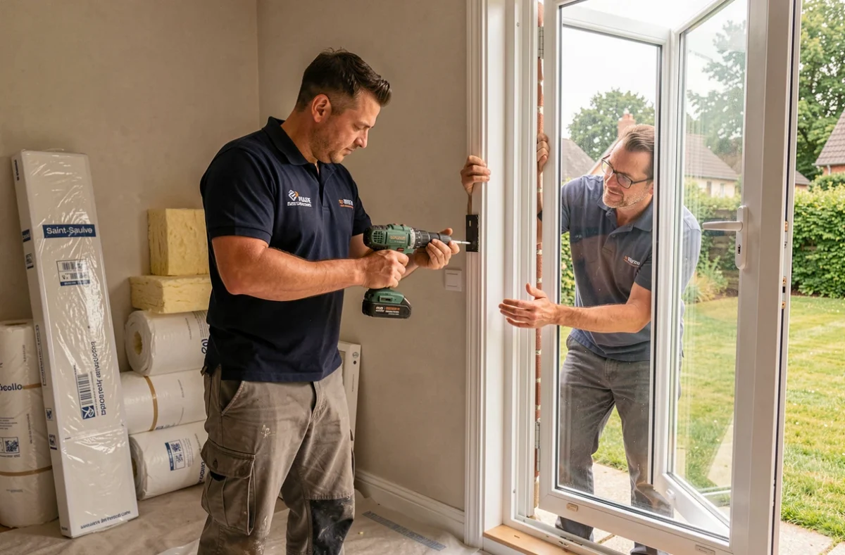 Technicien en rénovation installant une fenêtre PVC dans une maison résidentielle à Saint-Saulve