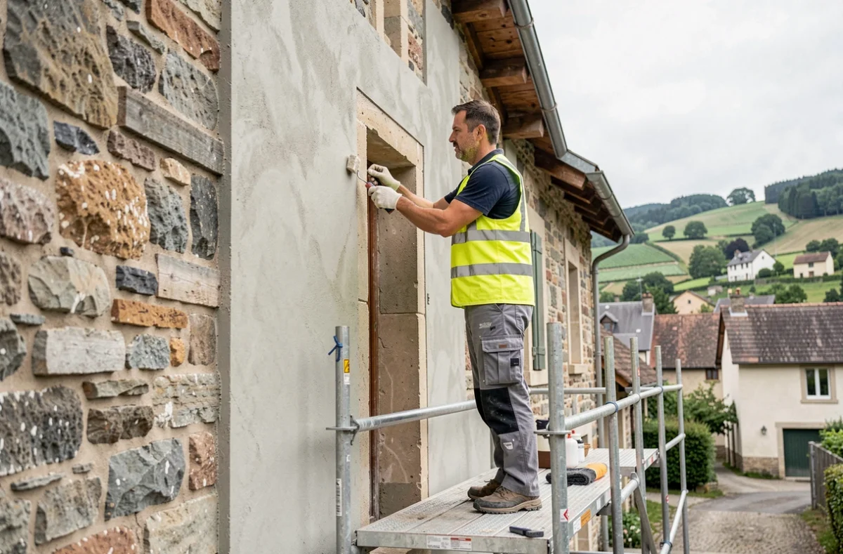 Un spécialiste d'Isik Facades applique un enduit d'isolation sur la façade extérieure en pierre d'une maison résidentielle en Isère depuis un échafaudage