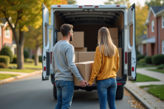Jeune couple déchargeant des cartons de déménagement dans la rue