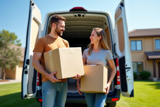 Jeune couple souriant chargeant des cartons dans une camionnette