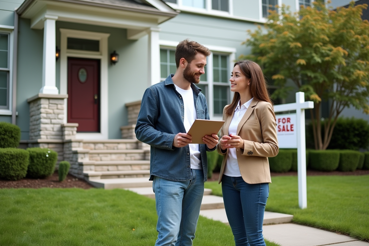 Jeune couple discute devant une maison à vendre