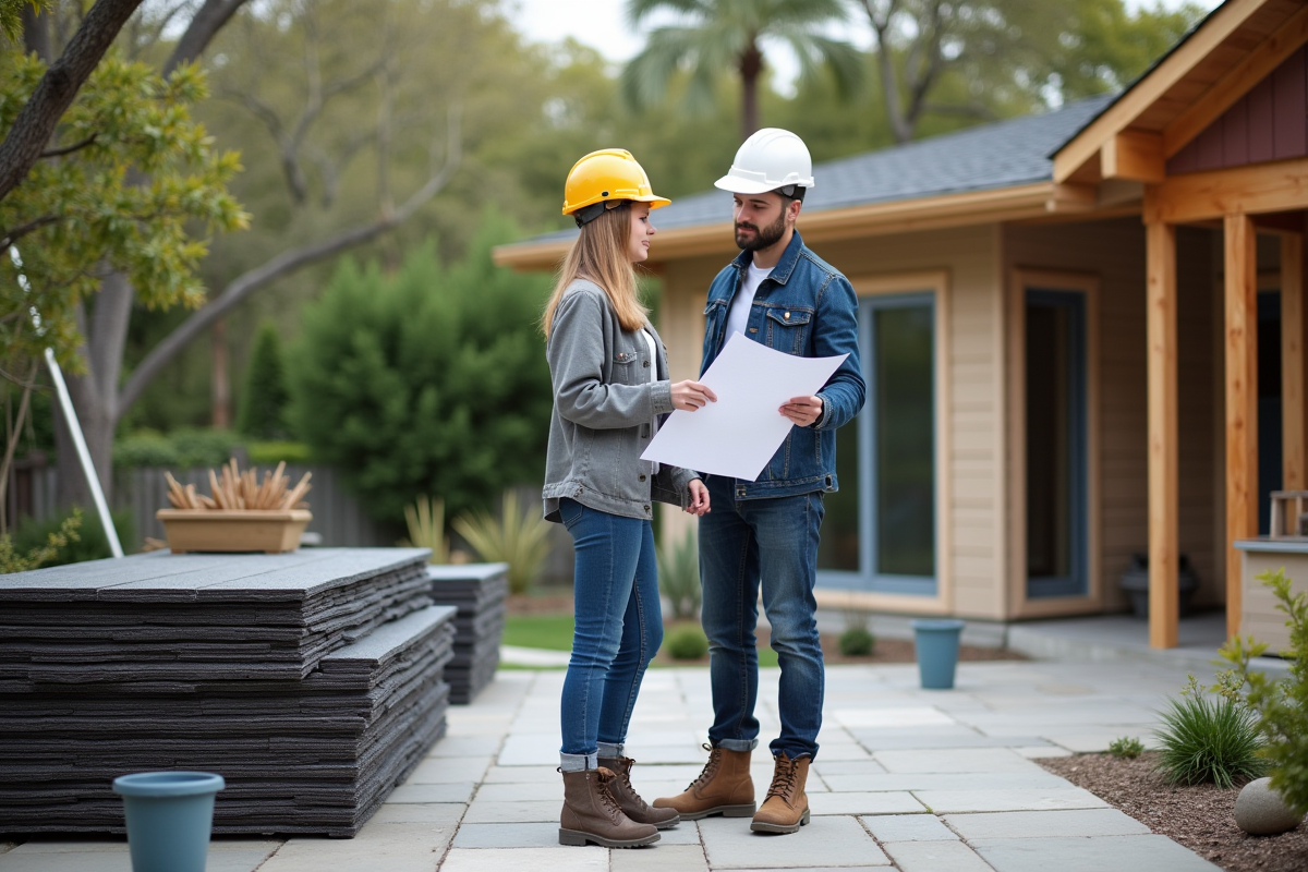 Jeune femme examinant des plans de toiture avec un entrepreneur dans un jardin