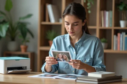 Femme examinant une photo imprimée dans un bureau cosy