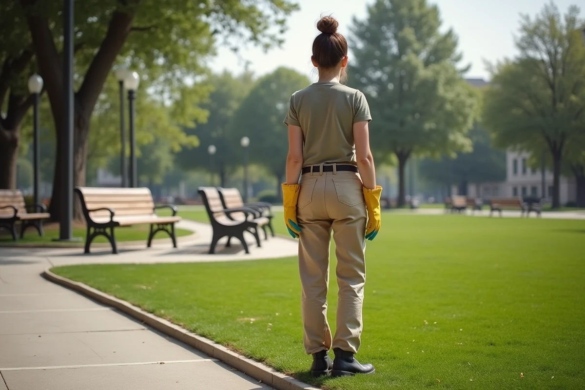 Jeune femme en vêtements de jardinage observant le gazon dans un parc