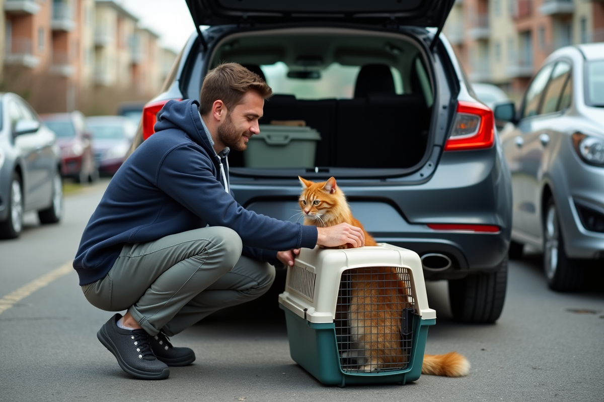 Jeune homme guidant un chat dans une voiture en parking
