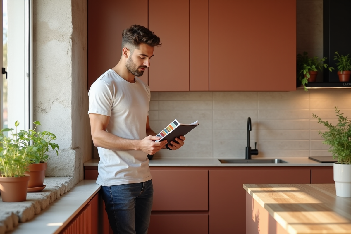Jeune homme choisissant palette de couleurs dans cuisine lumineuse