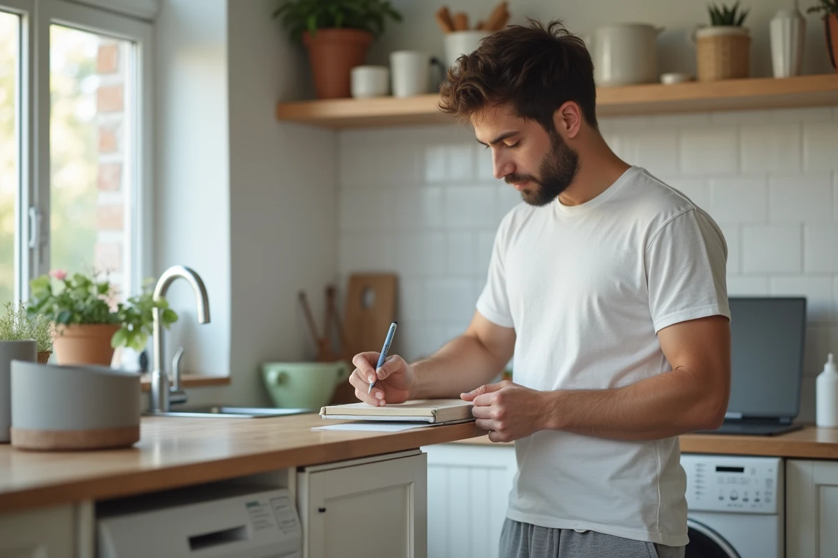 Jeune homme dessine des symboles de machine à laver dans la cuisine