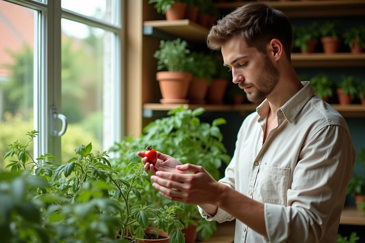 Jeune homme relâchant une coccinelle sur une plante
