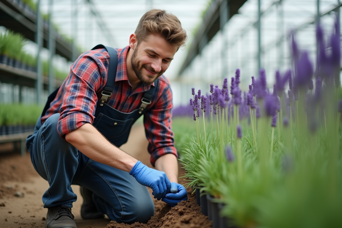Jeune homme inspectant des plants de lavande en serre