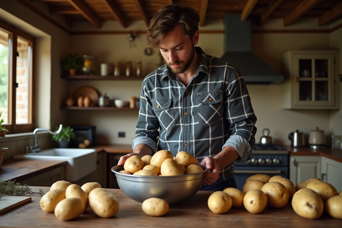 Jeune homme arrangeant des pommes de terre dans une passoire en cuisine