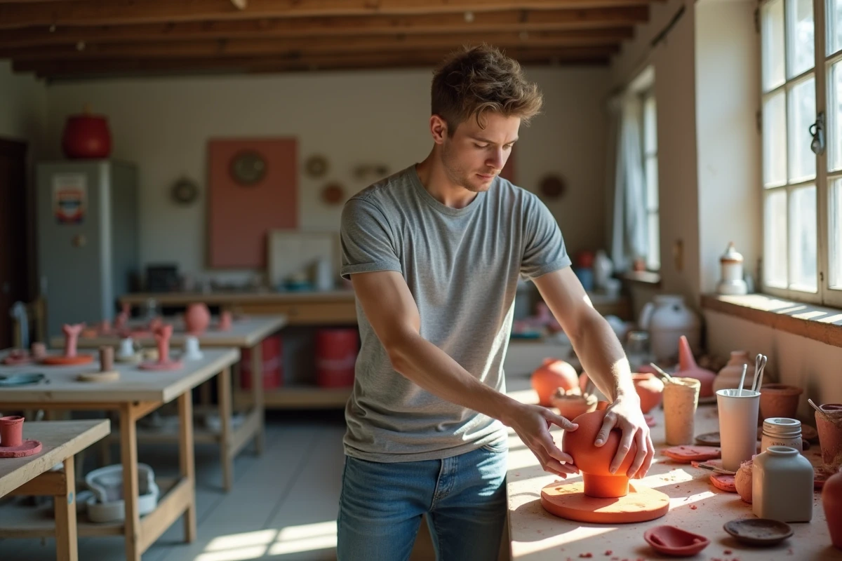 Jeune homme inspectant une sculpture en argile colorée