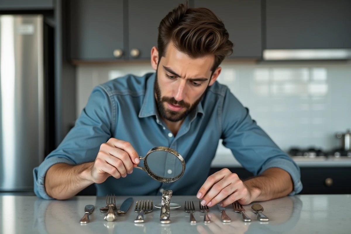 Jeune homme inspectant des couverts en argent ternis