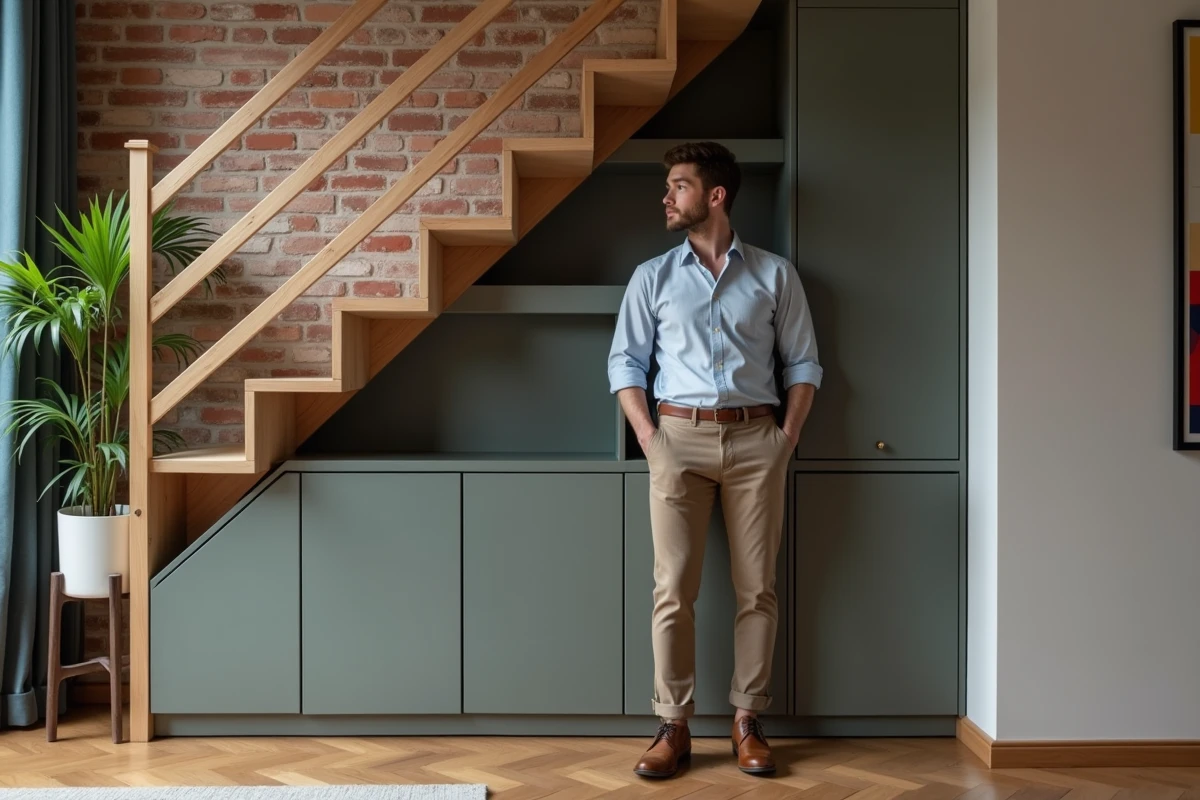Jeune homme admirant un meuble sur mesure sous un escalier urbain