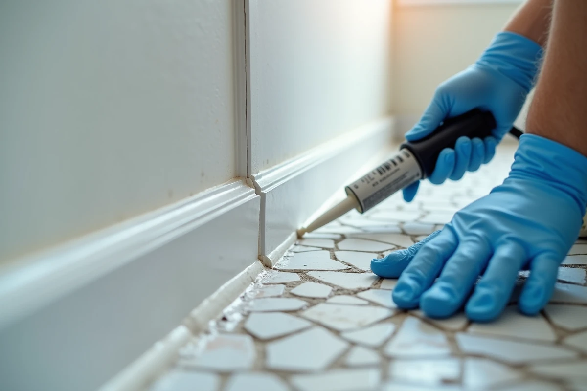 Détail de la pose d'un joint silicone blanc entre une plaque PVC et le carrelage mosaïque au sol