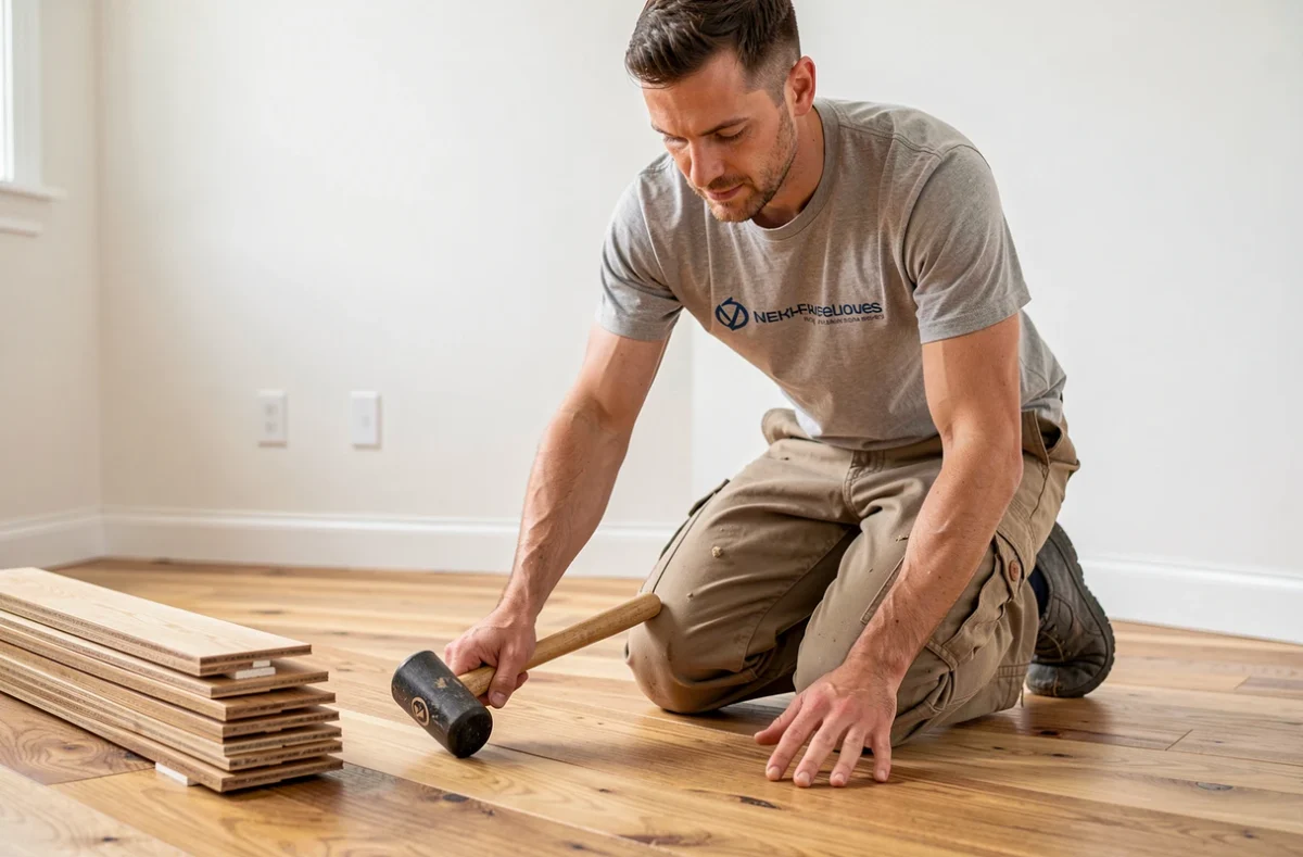 Artisan Julien Angot posant un parquet en bois massif dans une pièce rénovée avec outils et lames empilées au premier plan