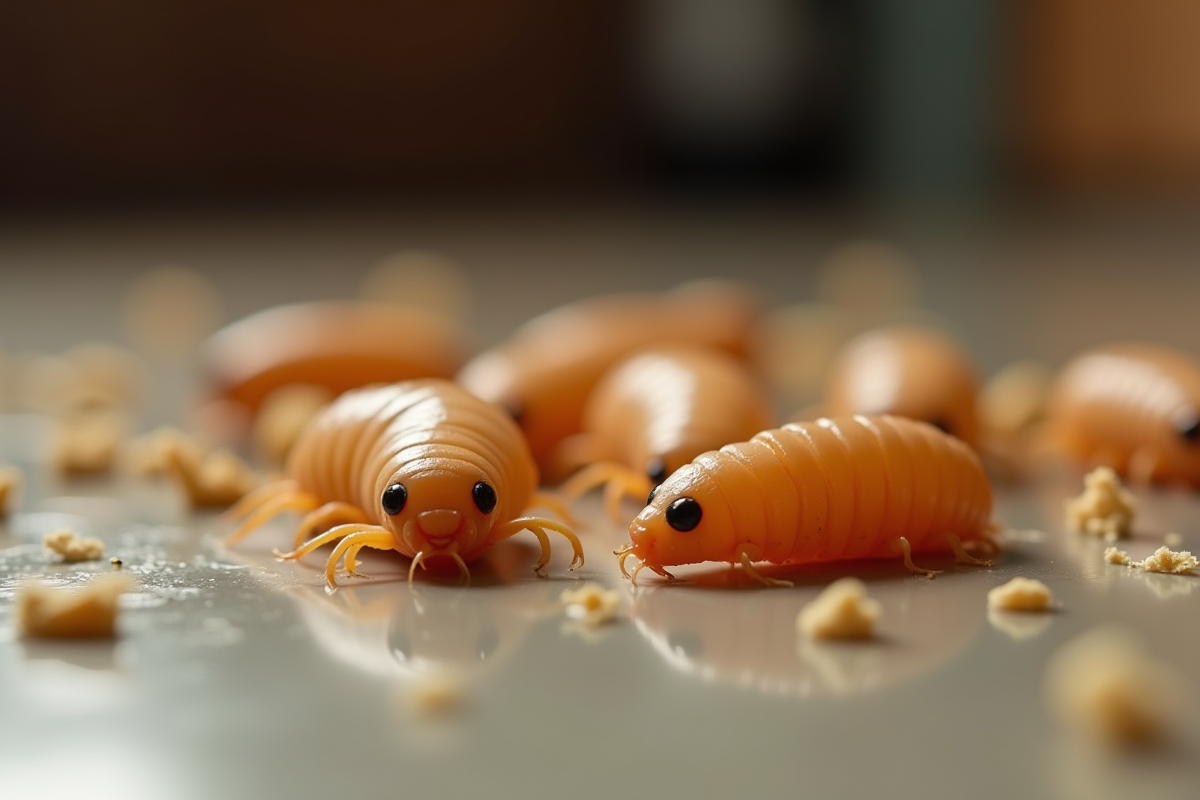 Gros plan de asticots sur le sol de cuisine près de miettes