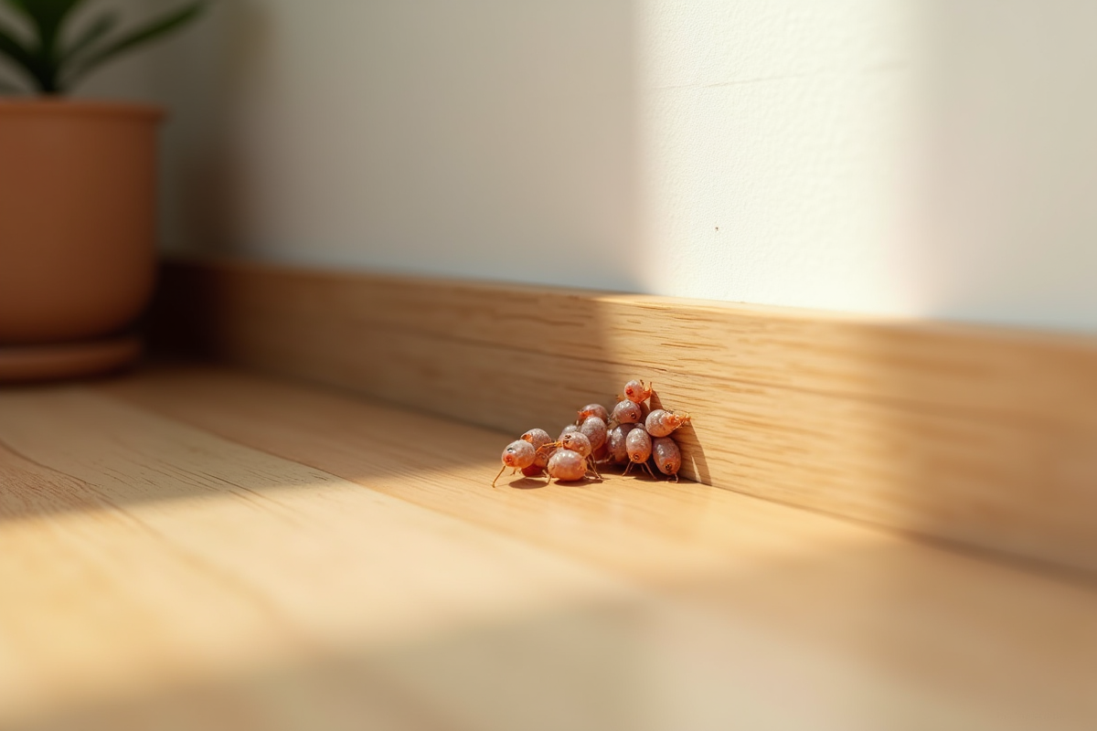 Coin de salon lumineux avec des asticots sur la plinthe en bois