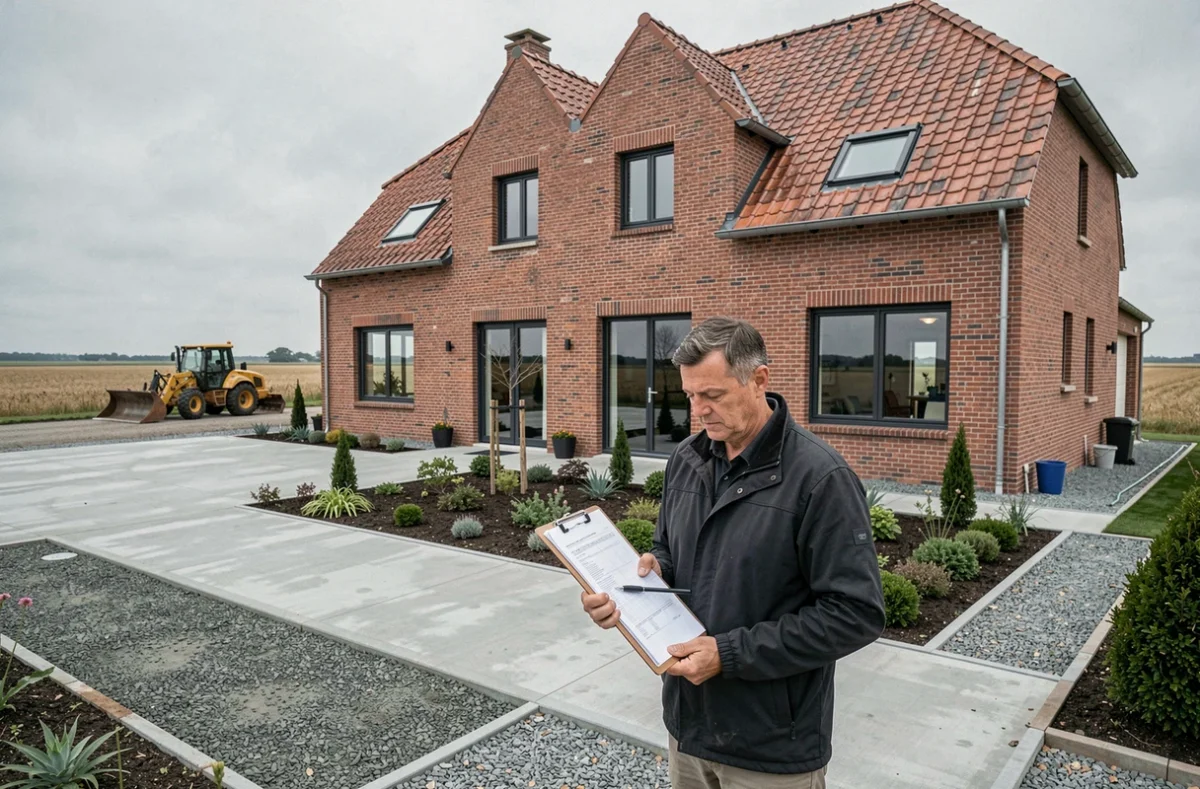 Responsable de construction devant une maison en brique neuve rénovée dans le département du Nord