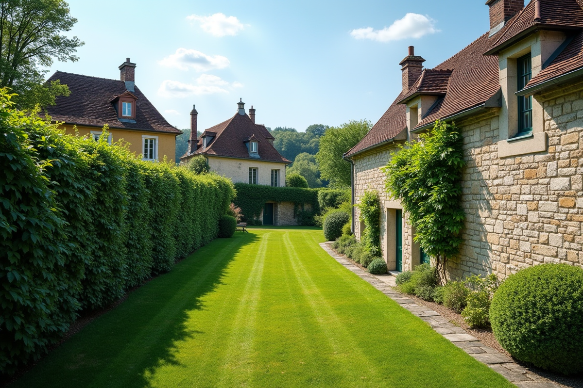 Deux propriétés rurales séparées par un vieux mur en pierre avec jardins