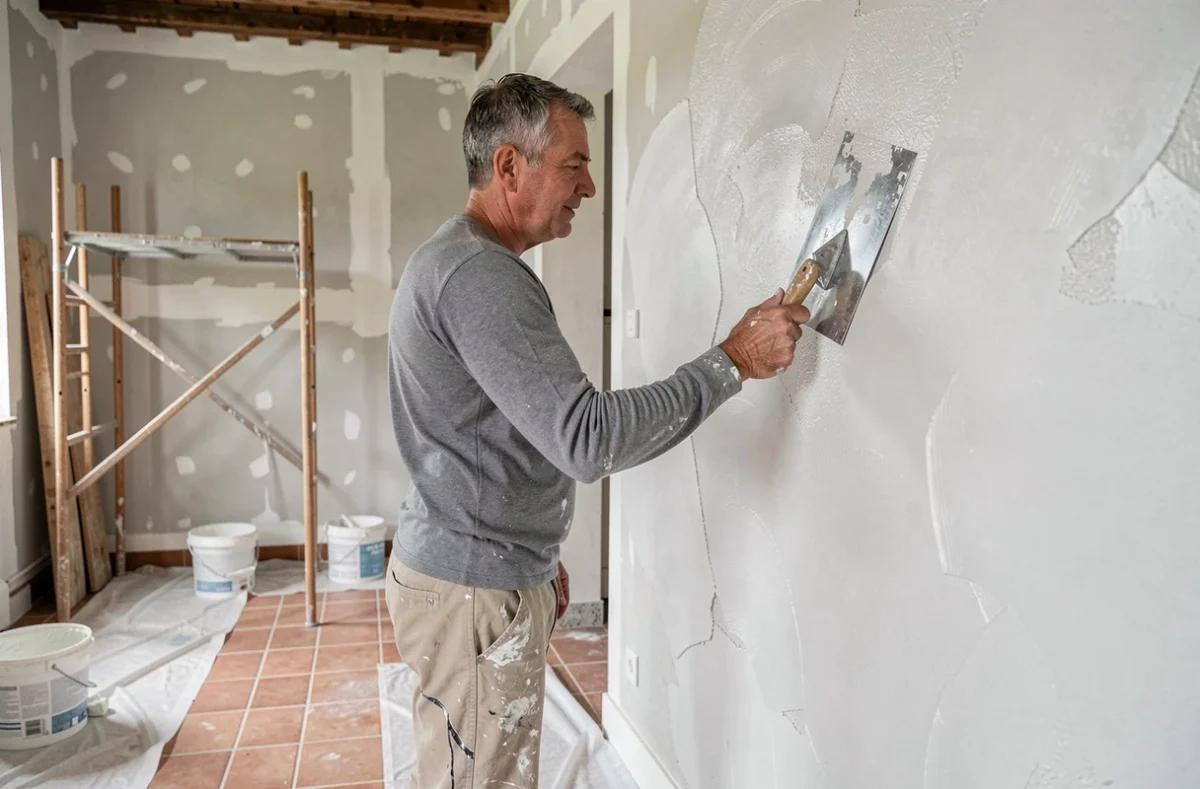 Un artisan de MDC Renov applique du plâtre sur un mur intérieur lors d'une rénovation complète d'une maison de ville en Isère