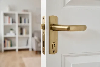 Mécanisme de serrure design en laiton brossé sur porte intérieure blanche dans un intérieur scandinave minimaliste