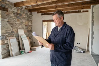 Un entrepreneur en rénovation examine des plans architecturaux dans un chantier de rénovation en Isère, avec des murs en pierre apparente et des poutres en bois