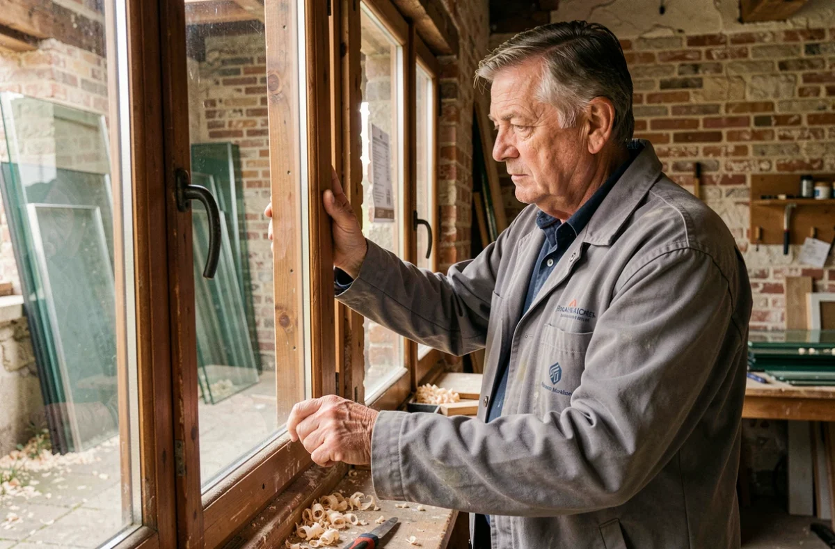 Artisan de la Miroiterie Fermetures Cauchoise posant une fenêtre en bois dans un bâtiment normand depuis 1994