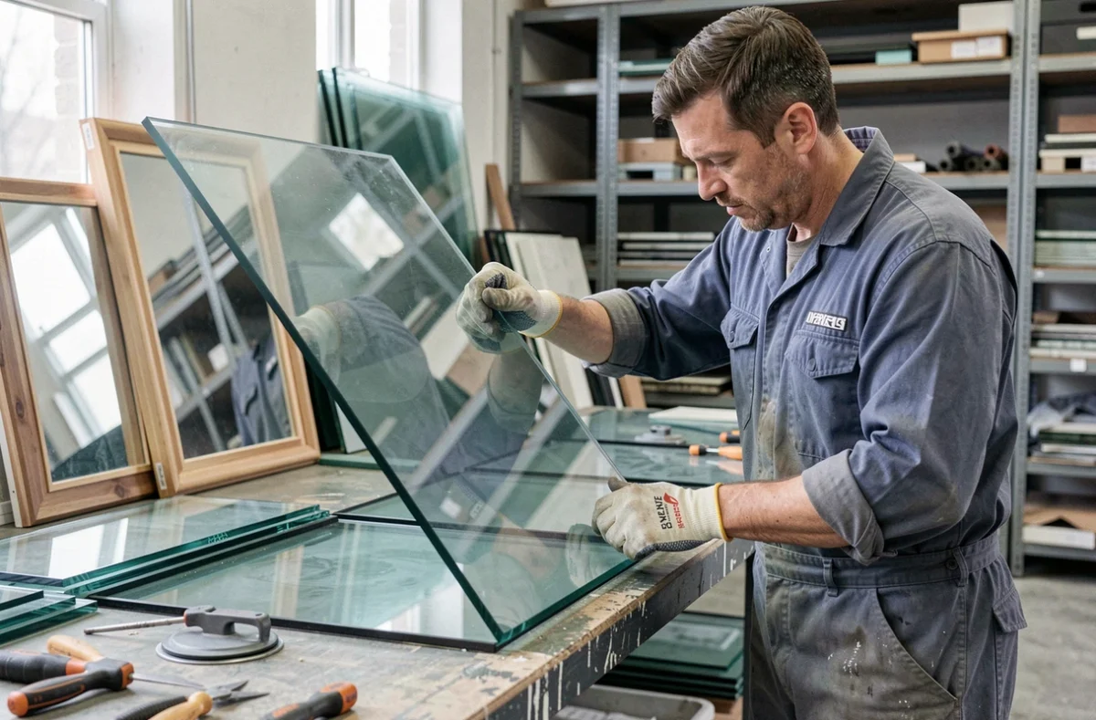 Miroitier vitrier de Miroiterie Vitrerie B.D. manipulant une grande plaque de verre dans son atelier spécialisé