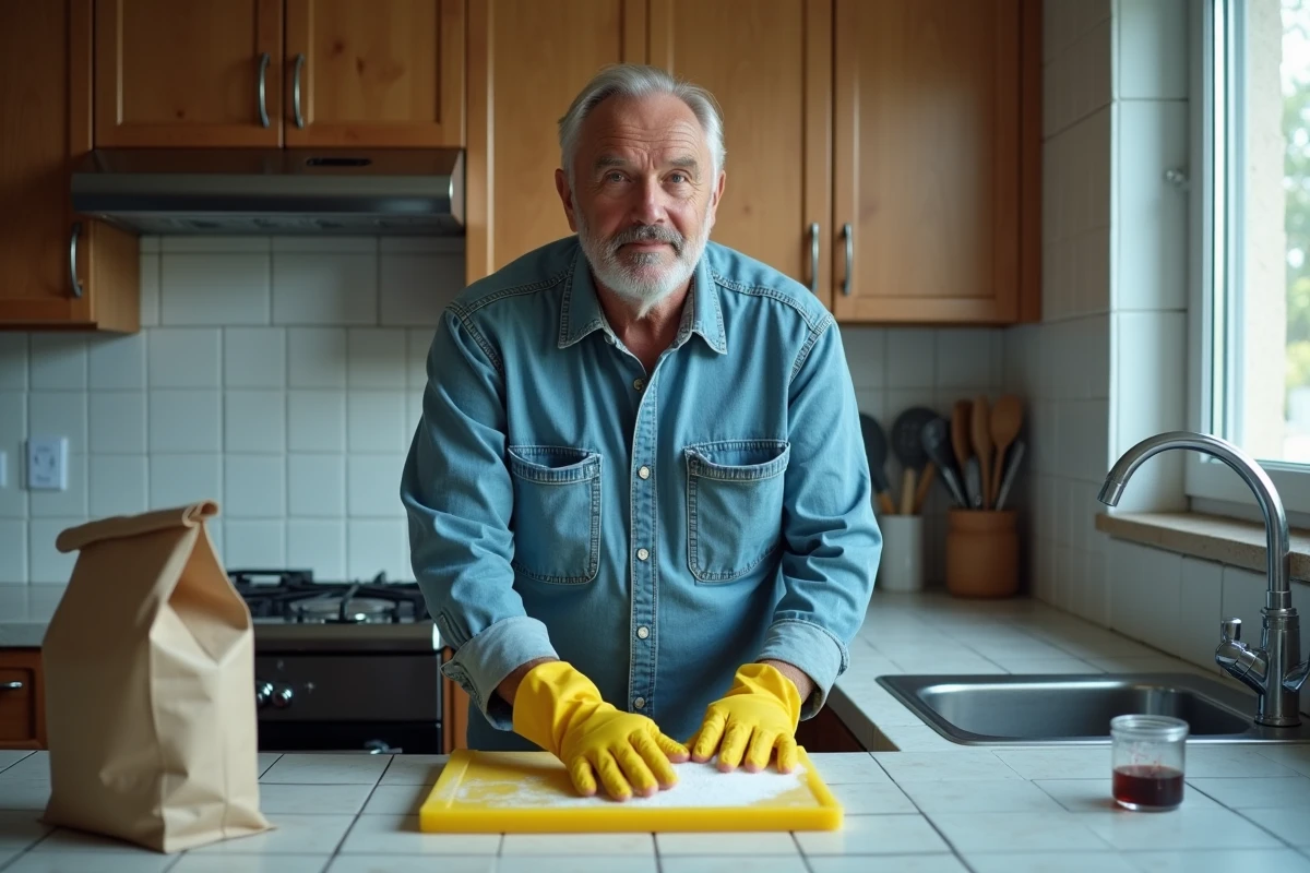 Homme nettoyant une planche en plastique jauni avec du percarbonate de sodium dans une cuisine