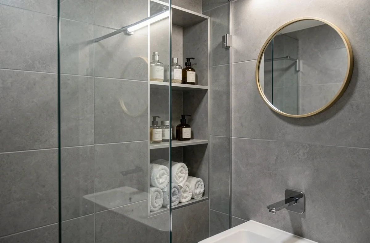 Niche murale encastrée avec rangements personnalisés dans une salle de bain compacte sans WC