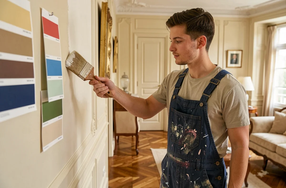Décorateur de Nico Deco appliquant une finition décorative sur un mur de salon avec des échantillons de couleurs visibles