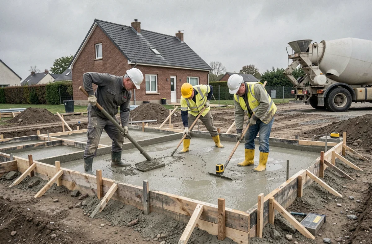 Équipe de gros œuvre coulant des fondations en béton pour une extension de maison à Amiens