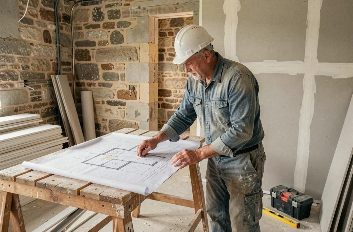 Entrepreneur général en rénovation étudiant des plans de chantier à l'intérieur d'un bâtiment en cours de rénovation près d'Arras