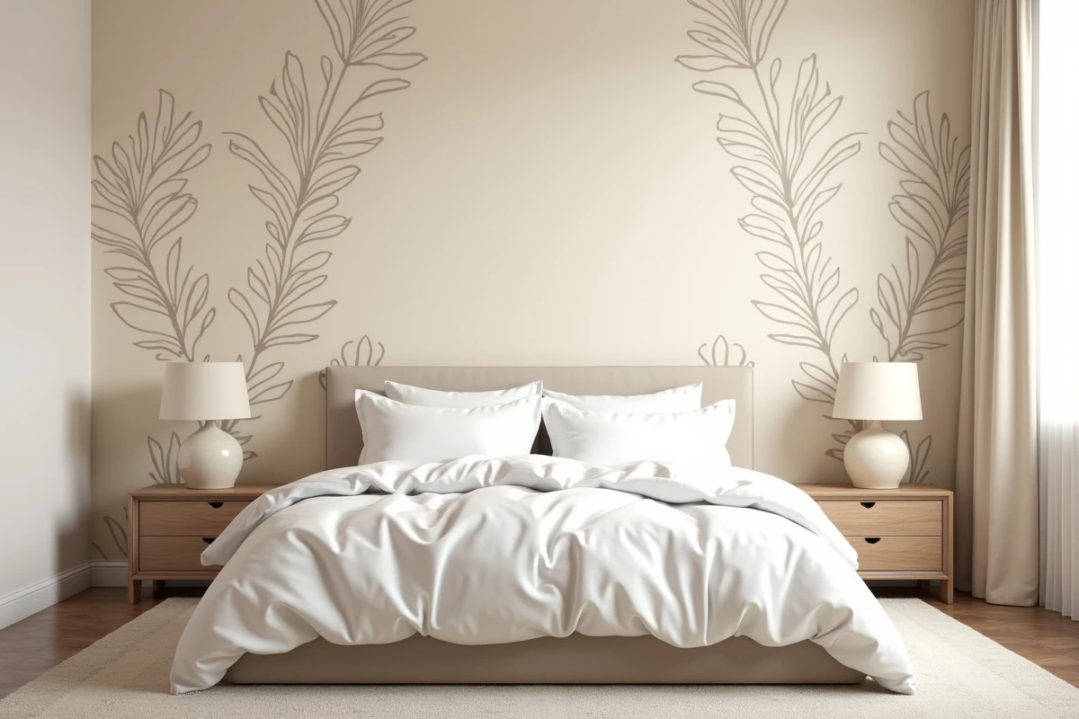 Chambre apaisante avec papier peint beige à motif botanique agrandissant l'espace visuellement