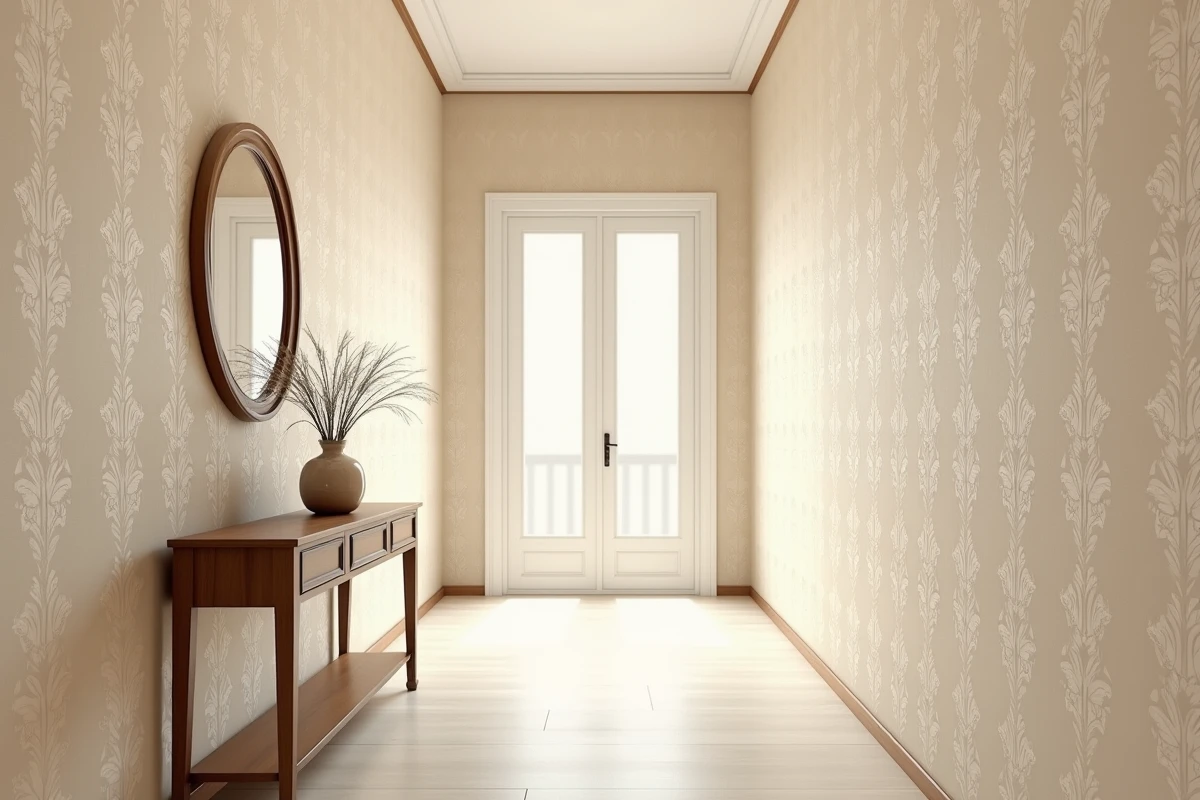 Couloir étroit habillé de papier peint beige à motif damassé créant une illusion de profondeur
