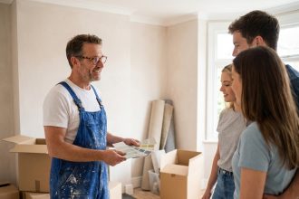 Peintre homme souriant discutant couleurs dans salon rénové