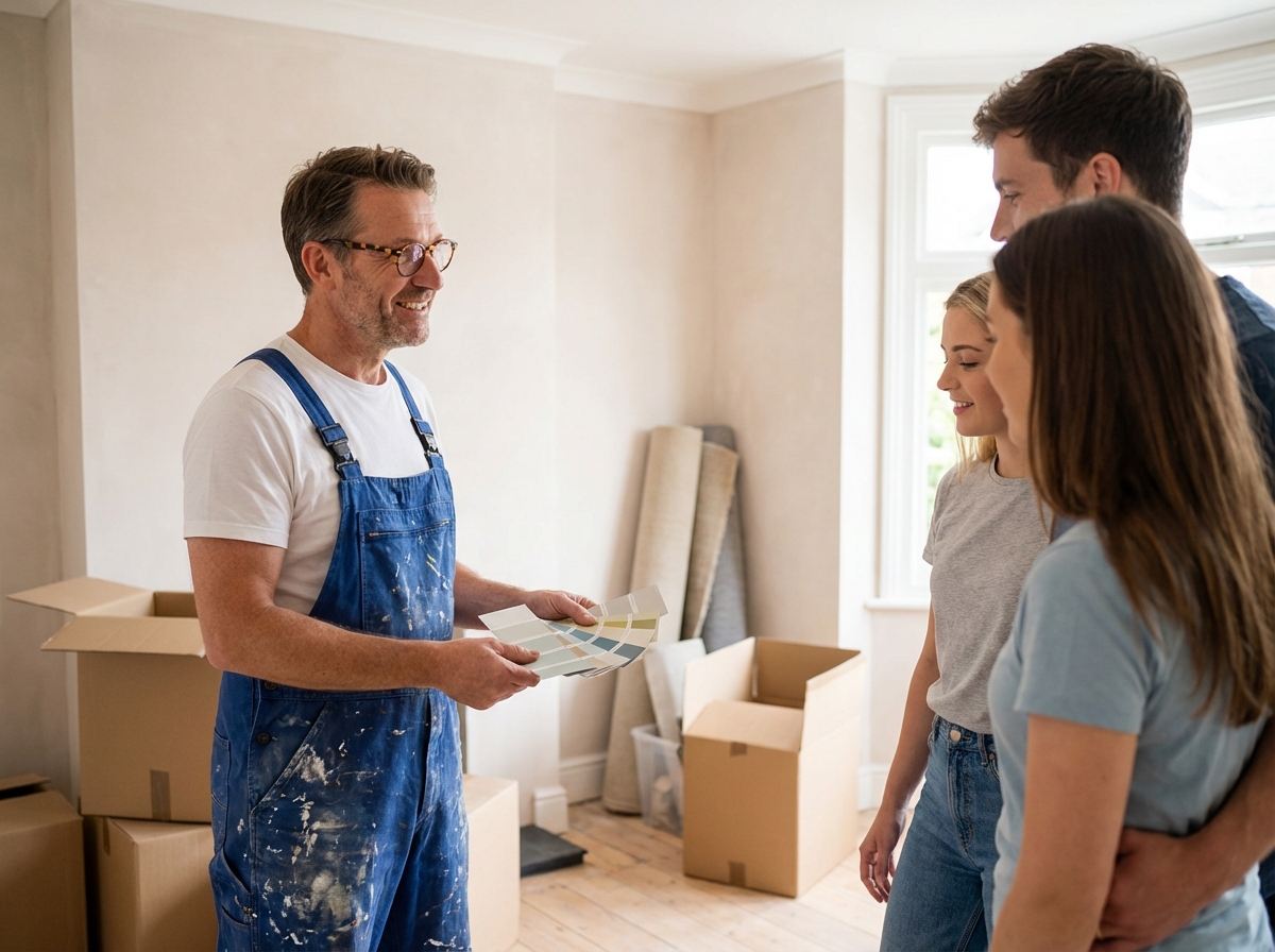 Peintre homme souriant discutant couleurs dans salon rénové