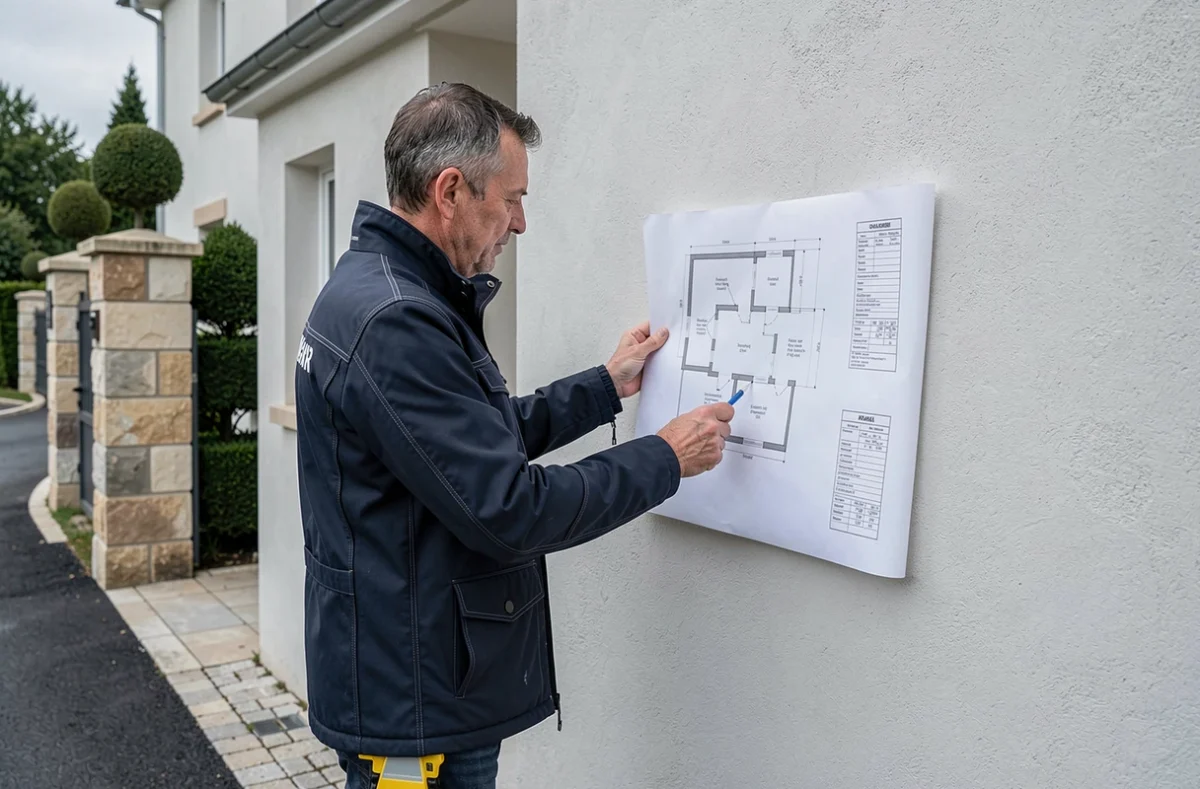 Professionnel Peter Grall Premium Rénovation consultant des plans devant une façade haut de gamme en Gironde