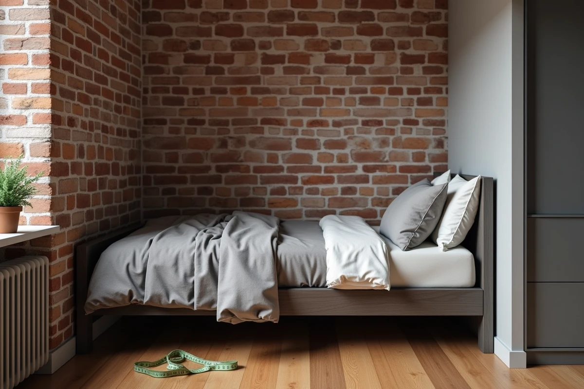 Petite chambre en appartement urbain avec lit simple et espace optimisé selon les normes standard