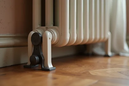 Pied en fonte réglable posé sous un radiateur fonte sur parquet irrégulier dans un appartement haussmannien