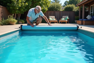 Piscine extérieure avec couverture automatique partiellement fermée