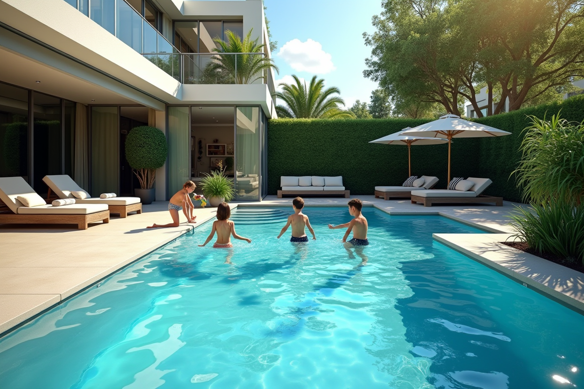 Piscine moderne dans un jardin familial avec enfants et plantes