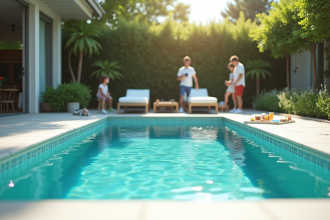 Piscine extérieure moderne avec famille choisissant couleurs